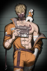  1boy abs animal annoyed arm_belt arm_tattoo bandaged_arm bandages belt black_belt black_choker blonde_hair bracelet chest_tattoo choker collared_jacket covered_mouth cowboy_shot frown hand_in_pocket highres holding holding_sign jacket jewelry looking_at_viewer male_focus mask mouth_mask mugshot muwwuta nipples nu_carnival open_clothes open_jacket orange_eyes orange_jacket orange_pants pants prison_clothes quincy_(nu_carnival) ring short_hair sign single_bare_shoulder sleeves_rolled_up spotlight tattoo thigh_belt thigh_strap toned toned_male topper_(nu_carnival) wavy_hair weasel white_belt 