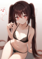 1girl absurdres bare_shoulders black_bra black_panties boo_tao_(genshin_impact) bra breasts brown_hair collarbone flower-shaped_pupils genshin_impact hair_between_eyes hand_up highres hu_tao_(genshin_impact) leaning leone_(kamina0205) long_hair looking_at_viewer navel panties parted_lips red_eyes signature sitting small_breasts solo stomach symbol-shaped_pupils thighs twintails underwear underwear_only very_long_hair rating:Sensitive score:103 user:danbooru