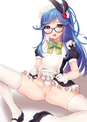  1boy akagi_kurage anus apron ass black-framed_eyewear black_footwear blue_eyes blue_hair blush bow bulge clothes_lift destiny_child dress dress_lift frilled_apron frills glasses gloves green_bow hair_ornament highres lifted_by_self long_hair looking_at_viewer maid maid_apron maid_headdress male_focus mary_janes mayahuel_(destiny_child) open_mouth panties ponytail puffy_short_sleeves puffy_sleeves shoes short_sleeves solo spread_legs swept_bangs thighhighs thong trap underwear very_long_hair white_apron white_gloves white_panties white_thighhighs  rating:Questionable score:64 user:danbooru