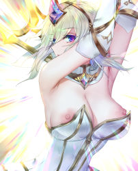 1girl armpits arms_up bare_shoulders blonde_hair blue_eyes breasts cleavage detached_collar dress elbow_gloves elementalist_lux gloves glowing hair_over_one_eye headgear highres large_breasts league_of_legends light_elementalist_lux lux_(league_of_legends) nipple_slip nipples oversized_breast_cup pd_(pdpdlv1) solo strapless strapless_dress upper_body white_background white_dress white_gloves  rating:Questionable score:91 user:danbooru