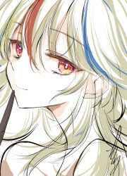  1girl blonde_hair blue_hair closed_mouth commentary_request head_tilt long_hair looking_at_viewer looking_to_the_side multicolored_hair official_art rakudai_kishi_no_cavalry red_hair sara_bloodlily signature simple_background sketch smile solo streaked_hair white_background won_(az_hybrid) 