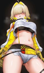  1girl absurdres ahoge black_background blonde_hair breasts clothing_cutout commentary crop_top crop_top_overhang cropped_sweater elegg_(nikke) eyes_visible_through_hair gluteal_fold goddess_of_victory:_nikke hair_intakes hair_over_eyes highres large_breasts lds_(dstwins97) long_bangs long_sleeves looking_at_viewer micro_shorts multicolored_hair navel open_mouth purple_eyes short_hair shorts shoulder_cutout solo suspender_shorts suspenders sweat thighs two-tone_hair 