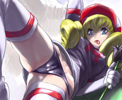  1girl blonde_hair blue_eyes boots clothes_writing domino_(pokemon) drill_hair flower hat nintendo otsukare panties pokemon pokemon_(anime) rose solo team_rocket thigh_boots thighhighs tongue top-down_bottom-up tulip underwear  rating:Questionable score:58 user:danbooru