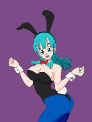  1girl animal_ears ass black_leotard blue_eyes blue_hair blue_pantyhose breasts bulma cleavage dragon_ball fake_animal_ears fake_tail happy highres large_breasts leotard light_blue_hair looking_at_viewer medium_breasts pantyhose playboy_bunny rabbit_ears rabbit_tail smile strapless strapless_leotard tail  rating:Questionable score:11 user:tinod