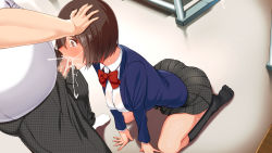 1boy 1girl absurdres amano_don arm_support ass blush breasts brown_eyes brown_hair censored cum cum_in_mouth ejaculation embarrassed fellatio from_above hands_on_another&#039;s_head head_out_of_frame highres indoors kneehighs large_breasts legs looking_at_another matching_hair/eyes mosaic_censoring oral orgasm original penis saimin_revenge:_ijimerarekko_inkya_debu_ga_ijime_shuhan_gal_bitch_to_akogare_no_seitokaichou_wo_hamemakuru school_uniform short_hair sitting skirt socks standing thighs wariza rating:Explicit score:118 user:Kentabarou