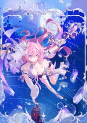  2girls absurdres bare_shoulders bell black_gloves black_shorts boots breasts bubble cleavage crystal elbow_gloves elysia_(herrscher_of_human:ego)_(honkai_impact) elysia_(honkai_impact) gloves hair_ornament high_heel_boots high_heels highres holding holding_staff honkai_(series) honkai_impact_3rd large_breasts long_hair looking_at_another multiple_girls pink_eyes pink_hair pink_pupils pinky_swear pov pov_hands raiden_mei raiden_mei_(herrscher_of_thunder) roena short_shorts shorts sky smile solo_focus staff star_(sky) starry_sky triquetra very_long_hair white_footwear white_gloves white_veil 