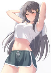  1girl akahi242 black_hair black_shorts blush breasts cowboy_shot dolphin_shorts hair_between_eyes hair_ornament hairclip haruna_(kancolle) highres kantai_collection large_breasts long_hair navel open_mouth shorts simple_background solo tank_top towel twitter_username white_background white_tank_top white_towel yellow_eyes 
