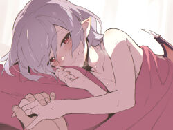 1boy 1girl asutora bat_wings closed_mouth commentary_request hair_between_eyes half-closed_eyes holding_hands jewelry light_smile looking_at_viewer lying nude on_side pointy_ears pov purple_hair red_eyes remilia_scarlet ring short_hair solo_focus sweat touhou wings rating:Sensitive score:73 user:danbooru
