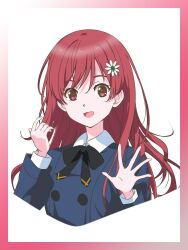  1girl 22/7 :d black_bow black_bowtie blue_jacket border bow bowtie brown_eyes collared_shirt flower hair_flower hair_ornament highres jacket long_hair long_sleeves looking_at_viewer matsubokkurin227 open_mouth palms red_border red_hair sato_reika shirt smile solo upper_body white_background white_flower white_shirt 