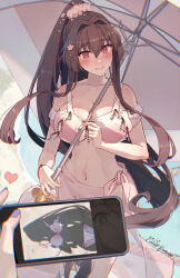  2girls bikini blonde_hair blue_eyes blue_nails breasts brown_eyes brown_hair cellphone cherry_blossoms female_pov hair_between_eyes hair_intakes heart highres himeyamato holding holding_phone holding_umbrella iowa_(kancolle) kantai_collection large_breasts long_hair multiple_girls navel official_alternate_costume parasol phone pink_bikini pink_sarong ponytail pov red_eyes reflection sidelocks smartphone solo_focus star-shaped_pupils star_(symbol) swimsuit symbol-shaped_pupils umbrella very_long_hair yamato_(kancolle) yamato_kai_ni_(kancolle) 