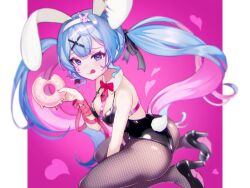  1girl :q absurdres animal_ears bare_shoulders black_footwear black_leotard blue_eyes blue_hair blurry blurry_background breasts chest_harness fake_animal_ears fake_tail food_bite from_side hair_ornament hair_ribbon hairband halftone harness hatsune_miku heart heart-shaped_pupils high_heels highleg highleg_leotard highres holding_doughnut leotard long_hair looking_at_viewer medium_breasts miku_day multicolored_hair pink_background pink_hair pink_pupils pink_ribbon playboy_bunny pure_pure_(rabbit_hole) rabbit_ears rabbit_hair_ornament rabbit_hole_(vocaloid) rabbit_tail ribbon senada37 solo spaghetti_strap symbol-shaped_pupils tail teardrop_facial_mark tongue tongue_out twintails two-tone_hair vocaloid white_hairband x_hair_ornament 