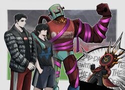  2boys 2others 4chan 4indroid @_@ belt black_eyes black_gloves black_hair black_pants black_shirt blood blood_on_face blood_on_hands bloody_tears blue_shorts clock coat collared_shirt dante_(limbus_company) english_text fire gloves green_eyes hands_in_pockets highres jacket limbus_company lobotomy_corporation meursault_(project_moon) multiple_boys multiple_others necktie object_head own_hands_clasped own_hands_together pants pink_ribbon pink_shoes_(project_moon) project_moon red_coat red_necktie red_pants ribbon shirt short_hair shorts supreme_(brand) t-shirt twitter_username yi_sang_(project_moon) you_want_to_get_beat?_hurtily? 