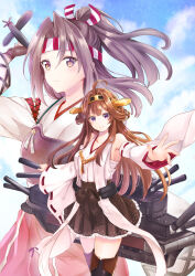  2girls ahoge aircraft airplane bare_shoulders boots brown_eyes brown_hair cowboy_shot detached_sleeves double_bun gloves grey_hair hachimaki hair_bun hakama hakama_short_skirt hakama_skirt headband headgear high_ponytail japanese_clothes kantai_collection kongou_(kancolle) long_hair long_sleeves looking_at_viewer multiple_girls muneate nontraditional_miko partially_fingerless_gloves partly_fingerless_gloves purple_eyes red_shorts ribbon-trimmed_sleeves ribbon_trim shorts skirt smile thigh_boots yotubaneko4649 yugake zuihou_(kancolle) 