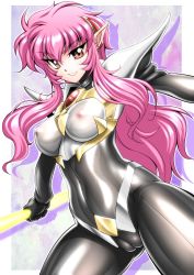  1girl absurdres armor bodysuit cameltoe cleft_of_venus covered_navel covered_erect_nipples gem highres magic_knight_rayearth nova_(rayearth) pink_hair pointy_ears red_eyes sakura_ryuuken see-through torn_bodysuit torn_clothes  rating:Explicit score:8 user:nhorus