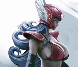  1girl blue_hair bombomb25 breasts cleavage curly_hair dragon_quest dragon_quest_iii head_wings helmet large_breasts long_hair shoulder_pads soldier_(dq3) solo wings 