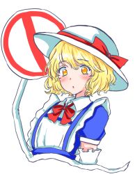  1girl apron blonde_hair blue_dress blush bow bowtie breasts collared_dress commentary_request cropped_torso dress elbow_gloves gloves hakase_(chitama_shinryaku) hat hat_bow kana_anaberal no_parking_sign puffy_short_sleeves puffy_sleeves red_bow red_bowtie short_hair short_sleeves small_breasts solo sun_hat suspenders touhou touhou_(pc-98) upper_body white_apron white_gloves white_hat yellow_eyes 