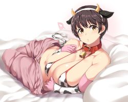  10s 1girl animal_ears animal_print arm_warmers bad_anatomy bare_shoulders bed_sheet bell neck_bell bikini bikini_top_only black_hair blush breasts brown_eyes cleavage collar collarbone cow_ears cow_print cow_tail elbow_gloves fake_animal_ears gloves heart highres huge_breasts idolmaster idolmaster_cinderella_girls jumpsuit jumpsuit_pull looking_at_viewer lying moisture_(chichi) oikawa_shizuku parted_lips pink_gloves short_hair solo spoken_heart swimsuit tail  rating:Questionable score:89 user:danbooru