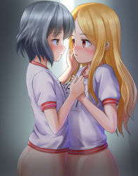  artist_request blonde_hair bottomless face-to-face gym_uniform hand_grab hand_on_another&#039;s_face highres holding_hands idolmaster idolmaster_cinderella_girls imminent_kiss loli mochizuki_hijiri name_tag narumiya_yume no_panties silver_hair tagme yuri  rating:Questionable score:31 user:fuggers55