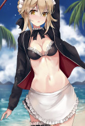  1girl apron arm_above_head artoria_pendragon_(all) artoria_pendragon_(alter_swimsuit_rider)_(fate) artoria_pendragon_(alter_swimsuit_rider)_(second_ascension)_(fate) artoria_pendragon_(fate) bad_id bad_pixiv_id bikini blonde_hair blue_sky blurry blurry_background blush breasts cleavage cloud contrapposto cowboy_shot d: day depth_of_field detached_collar fate/grand_order fate_(series) garter_straps hair_between_eyes highres jacket jacket_over_swimsuit medium_breasts miniskirt navel open_mouth outdoors palm_tree petticoat saber_alter skirt sky solo standing swimsuit tree waist_apron yellow_eyes z_z 