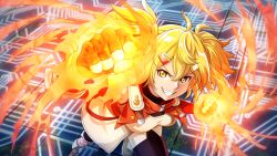  1girl bare_shoulders belt blonde_haire breasts crossover female_focus fighting_stance fingerless_gloves fire gloves hair_ornament highres kage_no_jitsuryokusha_ni_naritakute! looking_at_viewer medium_breasts official_art oikatzuo shangri-la_frontier sleeveless smile solo twintails uoi_kei yellow_eyes  rating:General score:3 user:SaveLangrisser