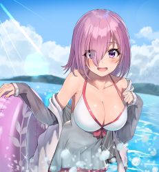 1girl ayul_(ayulneri_92) bare_shoulders beach blush bow breasts cleavage collarbone day dress_swimsuit fate/grand_order fate_(series) grey_jacket hair_over_one_eye halterneck highres innertube jacket large_breasts light_purple_hair looking_at_viewer mash_kyrielight mash_kyrielight_(swimsuit_of_perpetual_summer) ocean off_shoulder official_alternate_costume one-piece_swimsuit open_clothes open_jacket open_mouth outdoors pink_bow purple_eyes short_hair smile solo swim_ring swimsuit wading white_one-piece_swimsuit rating:Sensitive score:26 user:danbooru