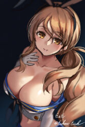  1girl artist_name black_hairband black_neckerchief blue_sailor_collar breasts brown_eyes brown_hair cleavage cosplay crop_top eckert&amp;eich elbow_gloves gloves hairband hand_on_own_chest highres kantai_collection large_breasts littorio_(kancolle) long_hair low_ponytail miniskirt neckerchief ponytail sailor_collar shimakaze_(kancolle) shimakaze_(kancolle)_(cosplay) shirt skirt sleeveless sleeveless_shirt solo twitter_username upper_body wavy_hair white_gloves 