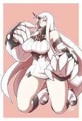  10s 1girl abyssal_ship breasts claws colored_skin commentary_request dress female_focus full_body highres horns kantai_collection kimyouna_juju large_breasts long_hair red_eyes ribbed_dress seaport_princess short_dress single_horn solo very_long_hair white_hair white_skin 