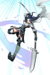  1girl armor belt black_gloves blue_hair boots breastplate commentary cynthia_(fire_emblem) fire_emblem fire_emblem_awakening from_below full_body garter_straps gloves green_eyes highres holding holding_polearm holding_weapon igalimax lance nintendo open_mouth polearm scarf shoulder_armor sky smile solo speed_lines thigh_boots twintails weapon white_scarf 