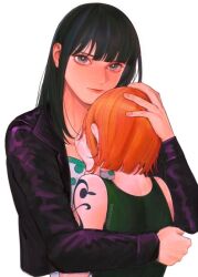  2girls arm_tattoo artist_name back bad_id bad_tumblr_id black_hair blunt_bangs commentary cropped_jacket english_commentary green_tank_top hug looking_at_viewer medium_hair multiple_girls mygiorni nami_(one_piece) nico_robin one_piece orange_hair short_hair sidelocks simple_background tank_top tattoo upper_body white_background 
