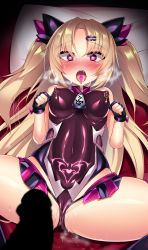  1boy 1girl absurdres akatsuki_uni bare_arms bare_shoulders bed black_gloves blonde_hair blush bow breasts breath brown_leotard corruption cosplay covered_erect_nipples covered_navel cross drooling fangs fishnets from_above glint gloves hair_between_eyes hair_ornament hairclip hands_up heart heart-shaped_pupils heavy_breathing highleg highleg_leotard highres inverted_cross kutan latex leotard long_hair looking_at_viewer lying medium_breasts mizuki_yukikaze mizuki_yukikaze_(cosplay) nipple_piercing on_back on_bed open_mouth parted_bangs partially_fingerless_gloves paw_pose penis penis_awe piercing pillow pink_bow pink_eyes pubic_tattoo pussy_juice saliva shiny_clothes shiny_skin showgirl_skirt solo_focus spread_legs symbol-shaped_pupils taimanin_(series) taimanin_suit taimanin_yukikaze tattoo two_side_up uni_create very_long_hair virtual_youtuber wide-eyed  rating:Explicit score:102 user:danbooru