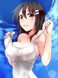 1girl breasts brown_eyes brown_hair cleavage cloud cosaten day hair_between_eyes hair_ornament hairclip highres large_breasts looking_at_viewer niimi_haruka_(photokano) one-piece_swimsuit photokano pulling_own_clothes school_swimsuit skin_tight sky solo strap_pull sweat swimsuit undressing upper_body white_school_swimsuit white_one-piece_swimsuit rating:Sensitive score:48 user:danbooru