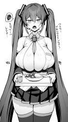  1girl alternate_breast_size bare_shoulders between_breasts breasts cleavage cup curry curry_rice detached_sleeves drink earpiece food hair_ornament hatsune_miku highres holding holding_plate huge_breasts kirome_(kamipaper) long_hair necktie necktie_between_breasts open_mouth plate rice skirt sleeveless solo spoken_squiggle squiggle sweatdrop thighhighs translation_request twintails very_long_hair vocaloid 