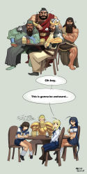  3girls 5boys ahoge alcohol angry antenna_hair armor artoria_pendragon_(all) artoria_pendragon_(fate) bad_deviantart_id bad_id barefoot beard beer beer_mug belt black_legwear blonde_hair boots bowl breasts brown_hair chainmail chair chinese_text chopsticks chouhi_ekitoku comparison crossed_arms crossover crown cup dark-skinned_male dark_skin drink english_text expressionless eye_contact facial_hair fate/stay_night fate_(series) gauntlets gilgamesh_(fate) gilgamesh_(mythology) glaring guan_yu highres ikkitousen kan&#039;u_unchou king king_arthur long_hair looking_at_another manly midriff miniskirt monty_python mug multiple_boys multiple_crossover multiple_girls muscular mustache mythology open_mouth pantyhose parody period_clothes pleated_skirt purple_hair ribbon rice rice_bowl romance_of_the_three_kingdoms saber_(fate) saejin_oh scared school_uniform serafuku shoes short_hair sitting skirt socks staring table the_epic_of_gilgamesh trembling underboob very_long_hair white_legwear worried you_gonna_get_raped zhang_fei_(romance_of_the_three_kingdoms)  rating:Sensitive score:100 user:water_ling