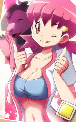  1990s_(style) 1girl :p alternate_color breasts cleavage collarbone creatures_(company) ears game_freak gen_2_pokemon gym_leader hair_ornament hairclip happy jacket large_breasts lips midriff miltank navel nintendo one_eye_closed open-clotehs open_clothes open_jacket open_shirt pink_eyes pink_hair pokemon pokemon_(game) pokemon_gsc retro_artstyle shiny_skin shirt shorts smile solo tongue tongue_out vivivoovoo whitney_(pokemon) wink  rating:Sensitive score:96 user:Smack