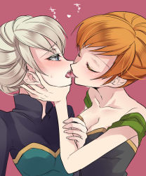 2girls anna_(frozen) assertive_female bare_shoulders blonde_hair blue_eyes blush braid breasts brown_hair cleavage dress elsa_(frozen) closed_eyes french_braid frozen_(disney) grabbing_another&#039;s_chin hand_on_another&#039;s_chin highres incest kiss kokuchuutei kusotsumu long_hair long_sleeves multiple_girls off-shoulder_dress off_shoulder open_mouth orange_hair short_hair siblings sisters smile tongue tongue_out yuri rating:Sensitive score:143 user:superdupermej