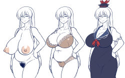  1girl amazon_(taitaitaira) belly blush bra breasts cameltoe character_sheet cleavage cleft_of_venus closed_eyes female_pubic_hair hand_on_own_hip hat highres huge_breasts kamishirasawa_keine large_areolae mature_female multiple_views navel nipples nude panties partially_colored plump pubic_hair simple_background smile touhou uncensored underwear white_background  rating:Explicit score:103 user:danbooru