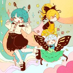  3girls antennae aqua_hair black_cape black_pants blonde_hair bow brown_dress bug butterfly_wings cape closed_eyes dress eternity_larva fairy fairy_wings fireflies full_body green_dress green_eyes green_hair hair_bow hair_ornament hand_up insect_wings kurodani_yamame leaf leaf_hair_ornament leaf_on_head mokumoku22 multicolored_clothes multicolored_dress multiple_girls one_eye_closed open_mouth pants plaid plaid_vest ponytail shirt short_hair single_strap spider star_(symbol) touhou two-sided_cape two-sided_fabric vest white_shirt wings wriggle_nightbug yellow_dress yellow_eyes yellow_wings 