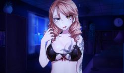  1girl :d bra breasts bright_pupils cleavage fang heterochromia indoors large_breasts night smile solo tattoo underwear upper_body  rating:Sensitive score:4 user:DShinigami