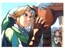  1boy 1girl ^_^ animal blonde_hair blue_eyes blush border brown_gloves brown_hair closed_eyes day epona fingerless_gloves gloves green_hat hat highres horse jewelry link long_hair male_focus malon navi nintendo open_mouth outdoors own_hands_together pointy_ears the_legend_of_zelda the_legend_of_zelda:_ocarina_of_time wahootarou white_border 