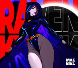 1girl artist_name bare_hips bare_legs belt black_cloak black_leotard breasts cape cloak colored_skin dc_comics forehead_jewel grey_skin hood leotard long_sleeves looking_at_viewer looking_to_the_side maebiel medium_breasts pale_skin purple_cape purple_lips raven_(dc) shiny_clothes short_hair solo teen_titans thighs 