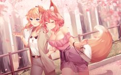  2girls animal_ear_fluff animal_ears bangs bare_shoulders blonde_hair blush breasts cleavage collarbone contemporary eyes_closed fate/extra fate_(series) fox_ears fox_girl fox_tail genshin_impact hair_between_eyes jean_gunnhildr_(genshin_impact) large_breasts long_hair multiple_girls open_mouth pink_hair ponytail rimuu sidelocks smile tail tamamo_(fate)_(all) tamamo_no_mae_(fate) thighs 