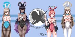 4girls absurdres ahoge akane_(blue_archive) akane_(bunny)_(blue_archive) angry areola_slip artist_name asuna_(blue_archive) asuna_(bunny)_(blue_archive) bare_shoulders black_hair blue_archive blue_bow bow braid breasts brown_eyes cleaning_&amp;_clearing_(blue_archive) clenched_teeth closed_mouth covering_privates covering_breasts covering_nipples dark-skinned_female dark_skin earrings emilia_testarossa fishnets glasses gloves green_eyes grey_hair grin hair_over_one_eye halo highres jewelry karin_(blue_archive) karin_(bunny)_(blue_archive) large_breasts leotard long_hair looking_at_viewer looking_over_eyewear medium_breasts middle_finger mole mole_on_breast mole_under_eye multicolored_hair multiple_girls neru_(blue_archive) neru_(bunny)_(blue_archive) off_shoulder pantyhose parted_lips playboy_bunny ponytail purple_hair rabbit_ears red_bow red_eyes red_hair short_hair small_breasts smile standing stud_earrings tattoo teeth thighband_pantyhose thighs tsurime