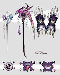  ^_^ absurdres cane chain claw_(weapon) closed_eyes color_guide creatures_(company) cross dated evolutionary_line game_freak gastly gen_1_pokemon gengar grey_background grin haunter highres nintendo no_humans objectification pokemon pokemon_(creature) purple_theme scythe signature smile sukepmonster tongue tongue_out weapon weapon_focus 