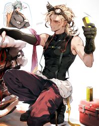  2boys alhaitham_(genshin_impact) alternate_costume black_gloves black_sweater blonde_hair can canned_coffee clothes_around_waist commentary crossed_arms detached_sleeves dirty dirty_face drink_can english_text genshin_impact gloves goggles goggles_on_head grey_hair hair_between_eyes highres holding hwan_(mob_hwan) kaveh_(genshin_impact) male_focus multicolored_hair multiple_boys notice_lines official_alternate_costume on_one_knee pants red_eyes red_pants ribbed_sweater single_detached_sleeve single_glove sleeveless solo_focus sweater symbol-only_commentary white_background 