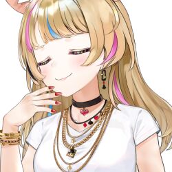  1girl animal_ear_fluff animal_ears black_choker blonde_hair blue_hair bracelet choker closed_eyes closed_mouth commentary_request earrings fox_ears fox_girl hand_up heart heart_choker hololive jewelry kou_mashiro long_hair multicolored_hair multiple_bracelets multiple_necklaces nail_polish official_alternate_costume official_alternate_hairstyle official_art omaru_polka omaru_polka_(5th_costume) pink_hair red_nails shirt short_sleeves simple_background smile solo streaked_hair t-shirt transparent_background upper_body virtual_youtuber white_shirt 