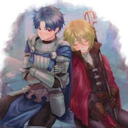  2boys alain_(unicorn_overlord) armor auch_(unicorn_overlord) belt black_robe blonde_hair blue_hair blush breastplate brown_gloves cape closed_eyes commentary_request crossed_arms curtained_hair gauntlets gloves hair_between_eyes highres holding holding_staff leaning_on_person light_smile looking_at_another male_focus multiple_boys red_cape red_eyes robe short_hair shoulder_armor simple_background sitting sleeping staff unicorn_overlord upper_body wooden_staff yaoi yatyou6666 
