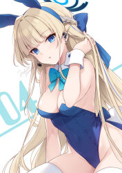  1girl animal_ears blonde_hair blue_archive blue_bow blue_bowtie blue_eyes blue_hair blue_halo blue_leotard bow bowtie braid breasts cleavage covered_navel detached_collar fake_animal_ears halo leotard long_hair looking_at_viewer medium_breasts multicolored_hair official_alternate_costume parted_lips rabbit_ears saeki_hokuto signature simple_background solo strapless strapless_leotard streaked_hair toki_(blue_archive) toki_(bunny)_(blue_archive) white_background wrist_cuffs 