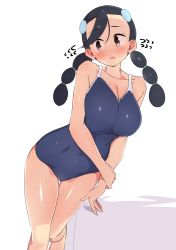  1girl alternate_costume bad_id bad_pixiv_id bare_arms black_bodysuit black_hair blush body_blush bodysuit breasts brown_eyes candice_(pokemon) cleavage collarbone commentary_request competition_swimsuit creatures_(company) eyelashes flying_sweatdrops game_freak hair_ornament hairclip leaning leaning_to_the_side long_hair multi-tied_hair nintendo one-piece_swimsuit open_mouth pokemon pokemon_dppt shiny_skin solo swimsuit tottotonero twintails white_background  rating:Sensitive score:91 user:danbooru