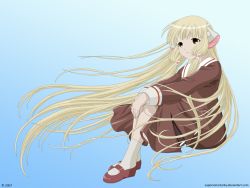  00s 1girl 2007 blue_background brown_dress chii chobits deviantart dress full_body gradient_background long_hair mary_janes shoes simple_background sitting solo supersonicdarky very_long_hair  rating:Sensitive score:4 user:hybrid-kernel