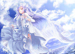  1girl ajax_(azur_lane) alternate_costume alternate_hairstyle arm_ribbon ass azur_lane blush breasts bridal_veil bride choker cleavage closed_mouth clothes_lift collar collarbone day detached_sleeves dress dress_lift floating_hair flower frills garter_straps gizensha gloves hair_ornament hairclip highres jewelry layered_dress lifted_by_self light_particles long_hair looking_at_viewer medium_breasts ocean outdoors purple_hair red_eyes ribbon ring see-through see-through_sleeves smile solo splashing thighhighs thighs twisted_torso two_side_up veil water water_drop wedding_band wedding_dress white_dress white_flower white_thighhighs wind wind_lift 